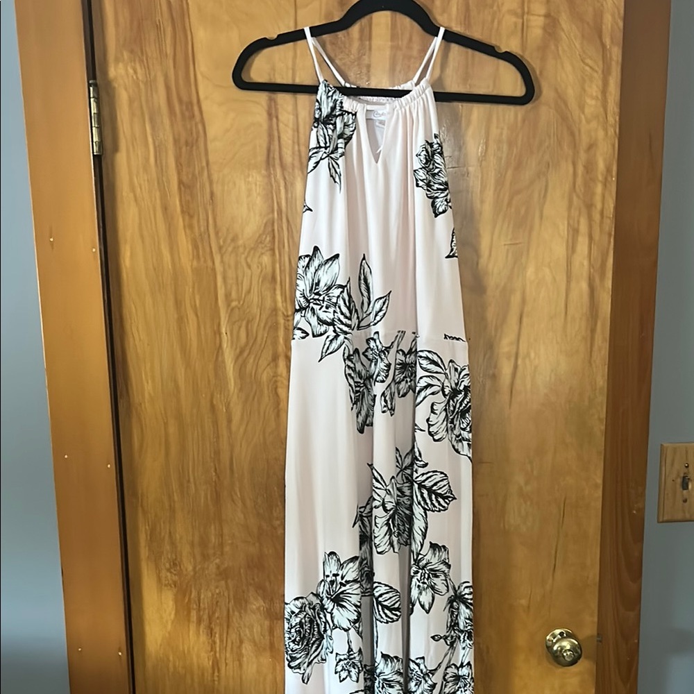 Floral Halter Maxi Dress - Black and White